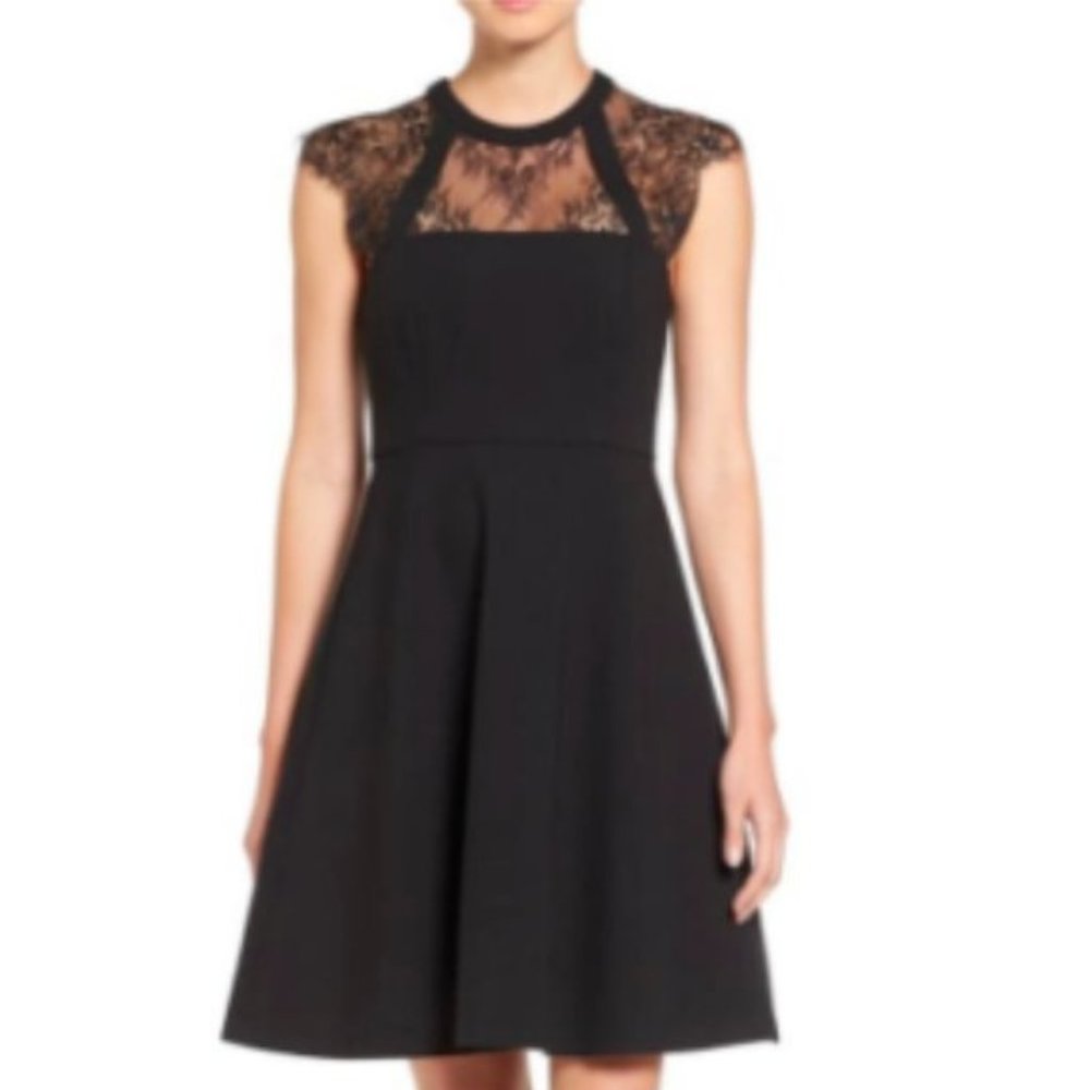 Vince Camuto Lace Yoke Cap Sleeve Fit & Flare Dress, Size 6